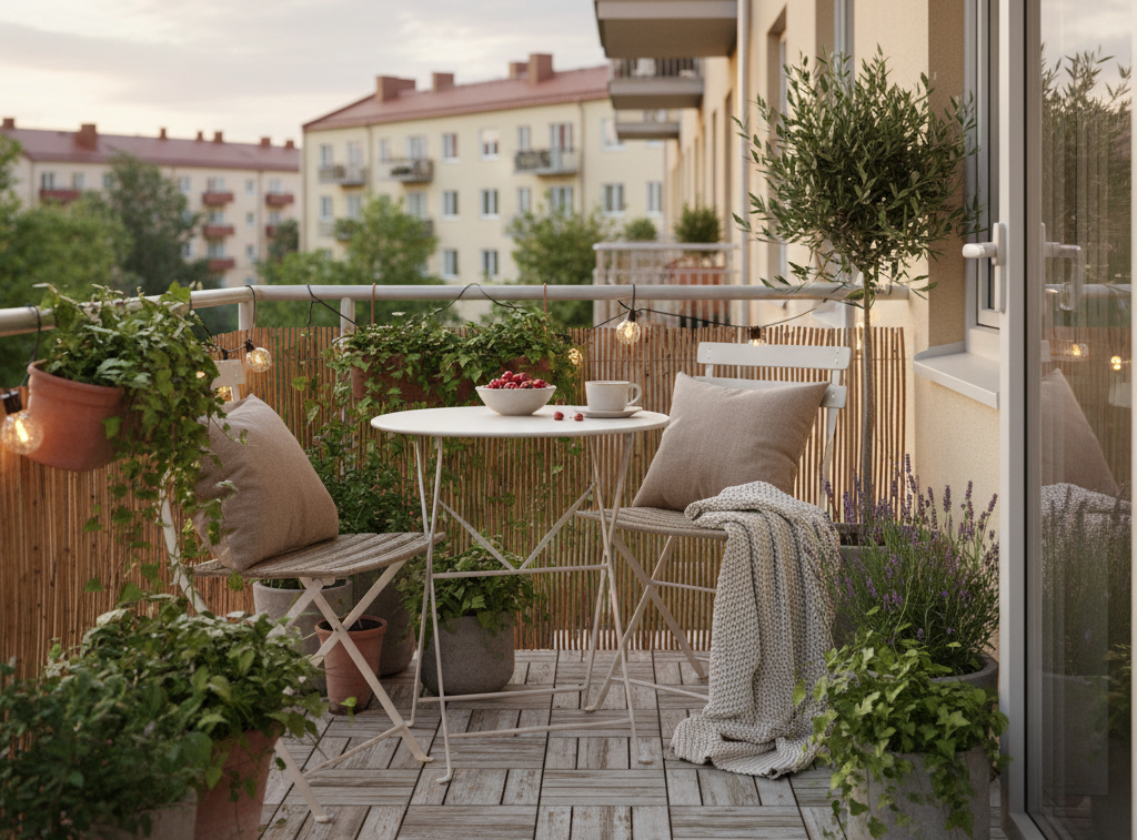 Przytulnie urządzony balkon w bloku z białymi meblami ogrodowymi, licznymi roślinami w doniczkach i nastrojowym oświetleniem girlandami.